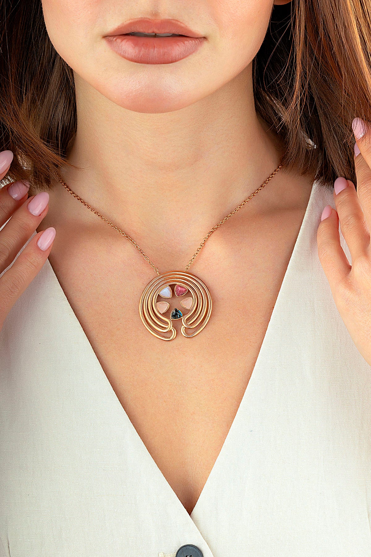 Taşlı Geometrik İtalyan Tasarım Rose Altın Kolye