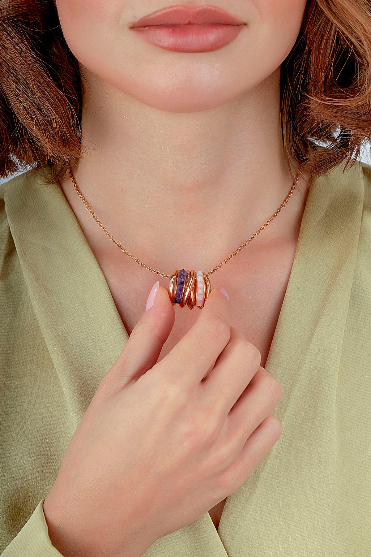 Rose Opal Ametist Taşlı Altın Kolye