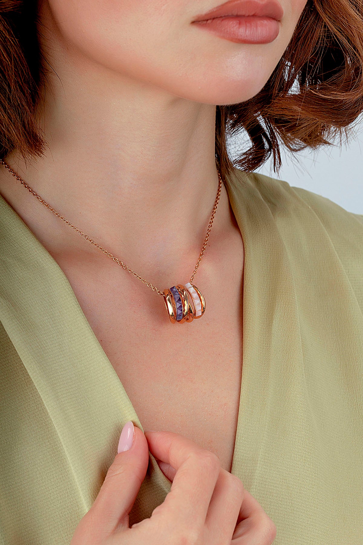 Rose Opal Ametist Taşlı Altın Kolye