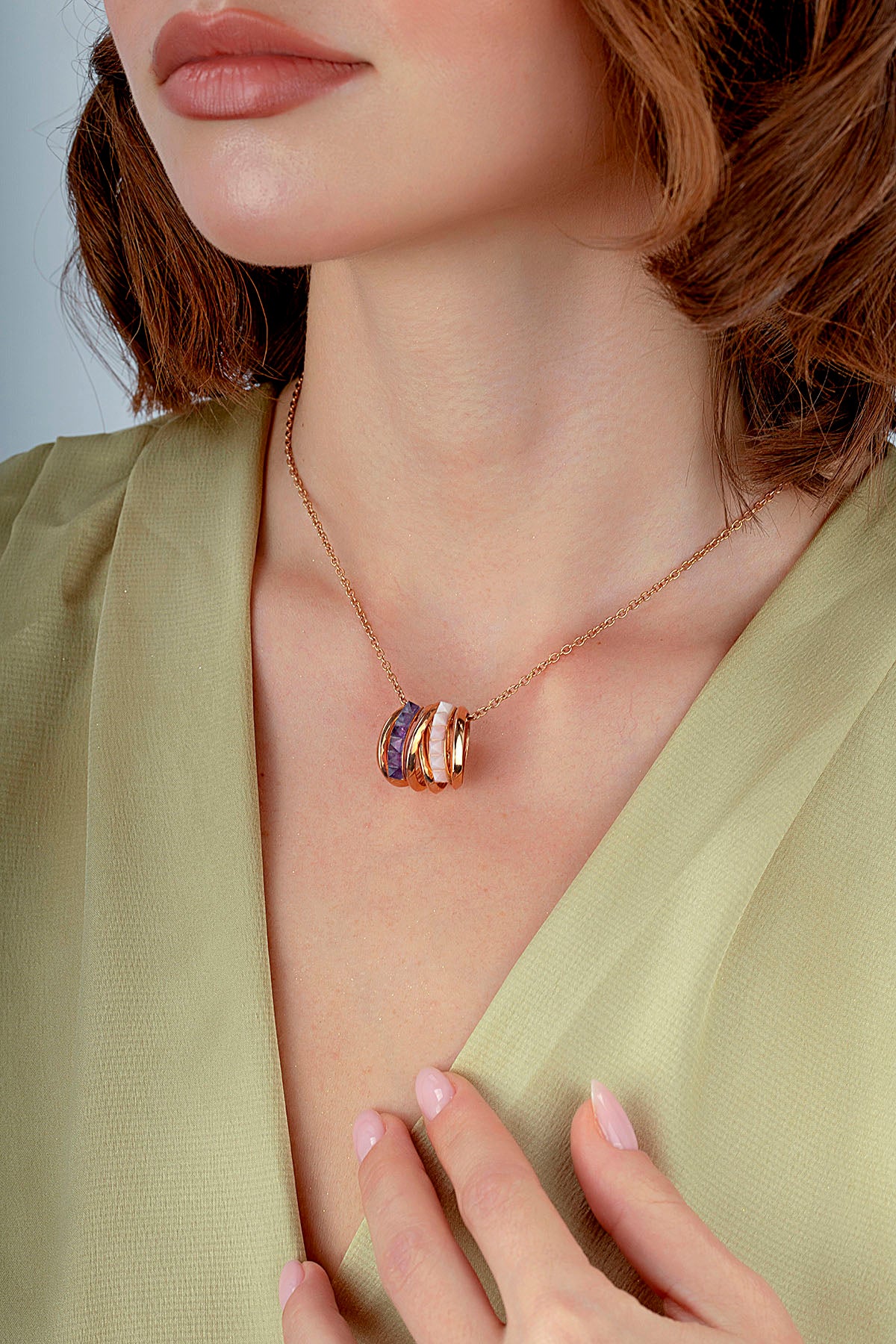 Rose Opal Ametist Taşlı Altın Kolye