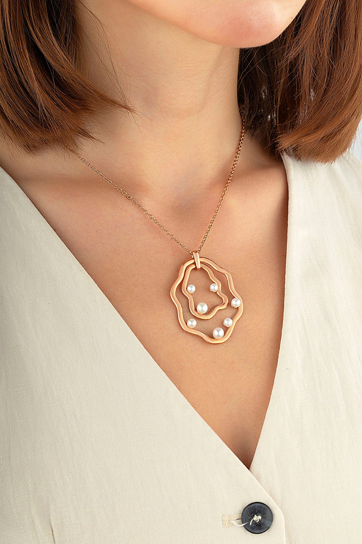 İnci Taşlı İtalyan Tasarım Rose Altın Kolye