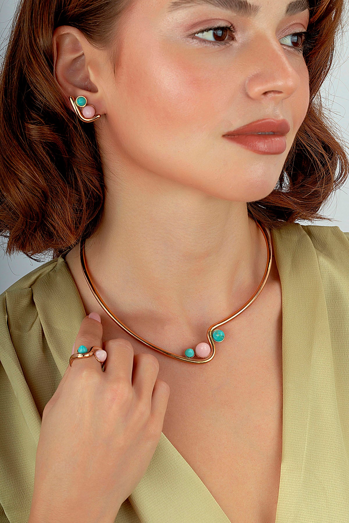 Rose Opal Turkuaz Taşlı Altın Kolye