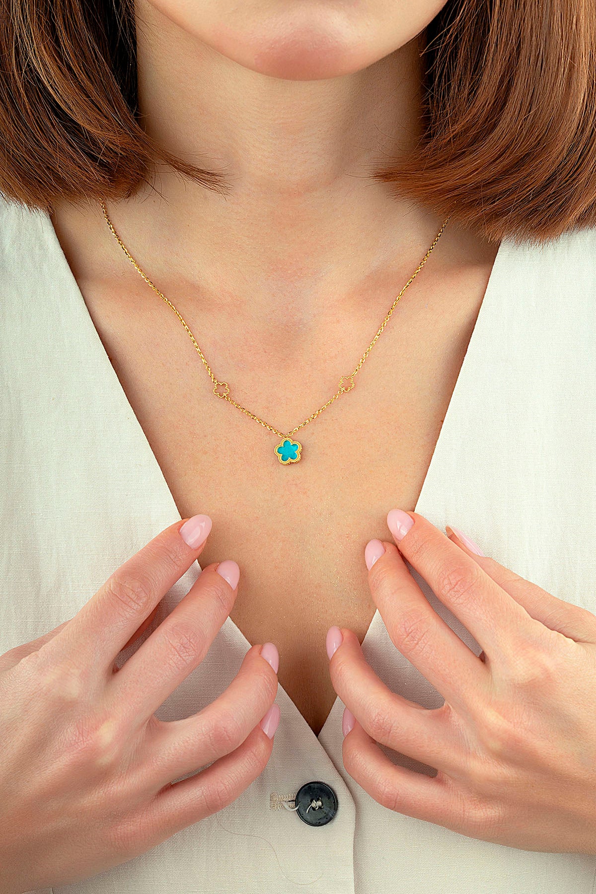 Çift Taraflı Turkuaz Beyaz Sedefli Çiçek Altın Kolye