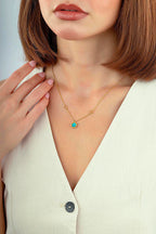 Çift Taraflı Turkuaz Beyaz Sedefli Çiçek Altın Kolye