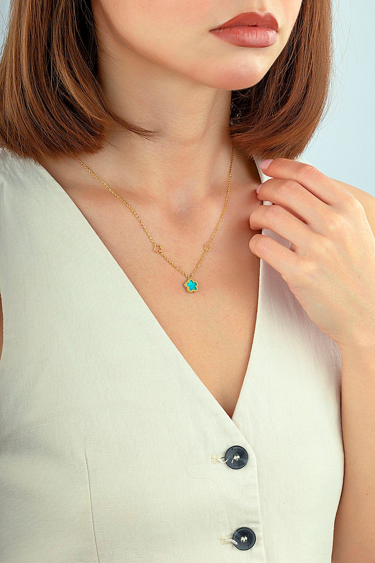 Çift Taraflı Turkuaz Beyaz Sedefli Çiçek Altın Kolye