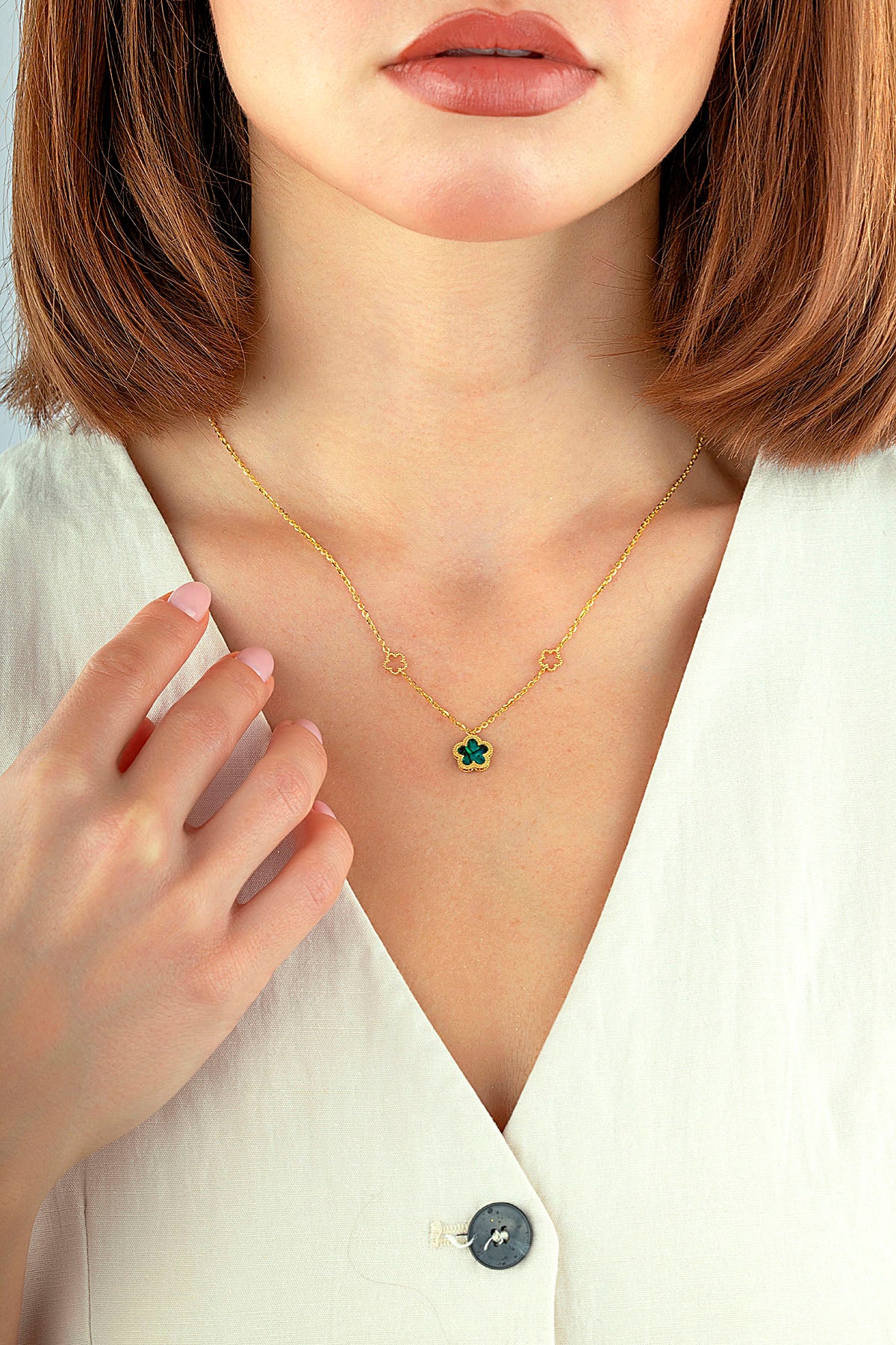 Çift Taraflı Yeşil Beyaz Sedefli Çiçek Altın Kolye