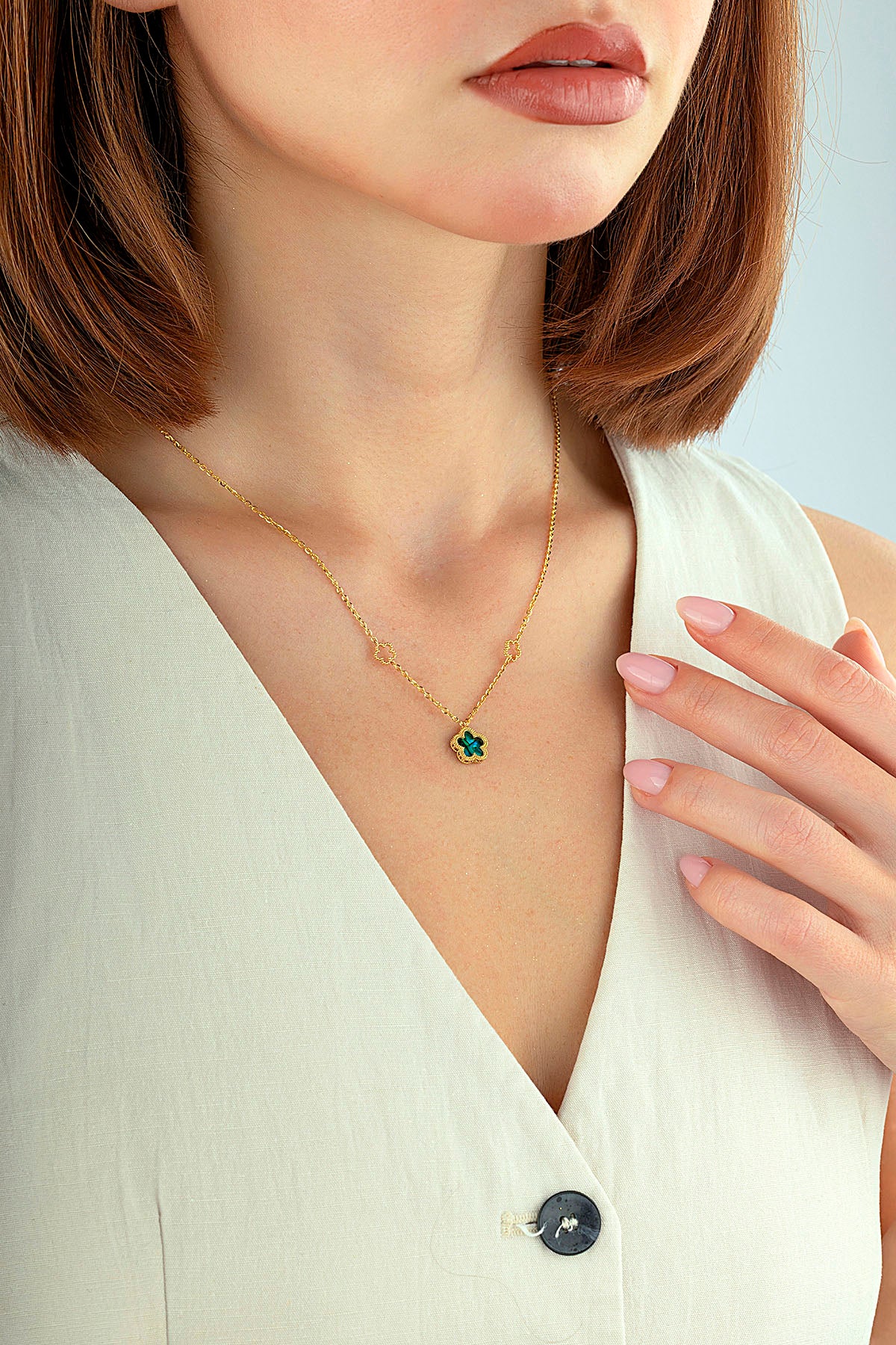 Çift Taraflı Yeşil Beyaz Sedefli Çiçek Altın Kolye