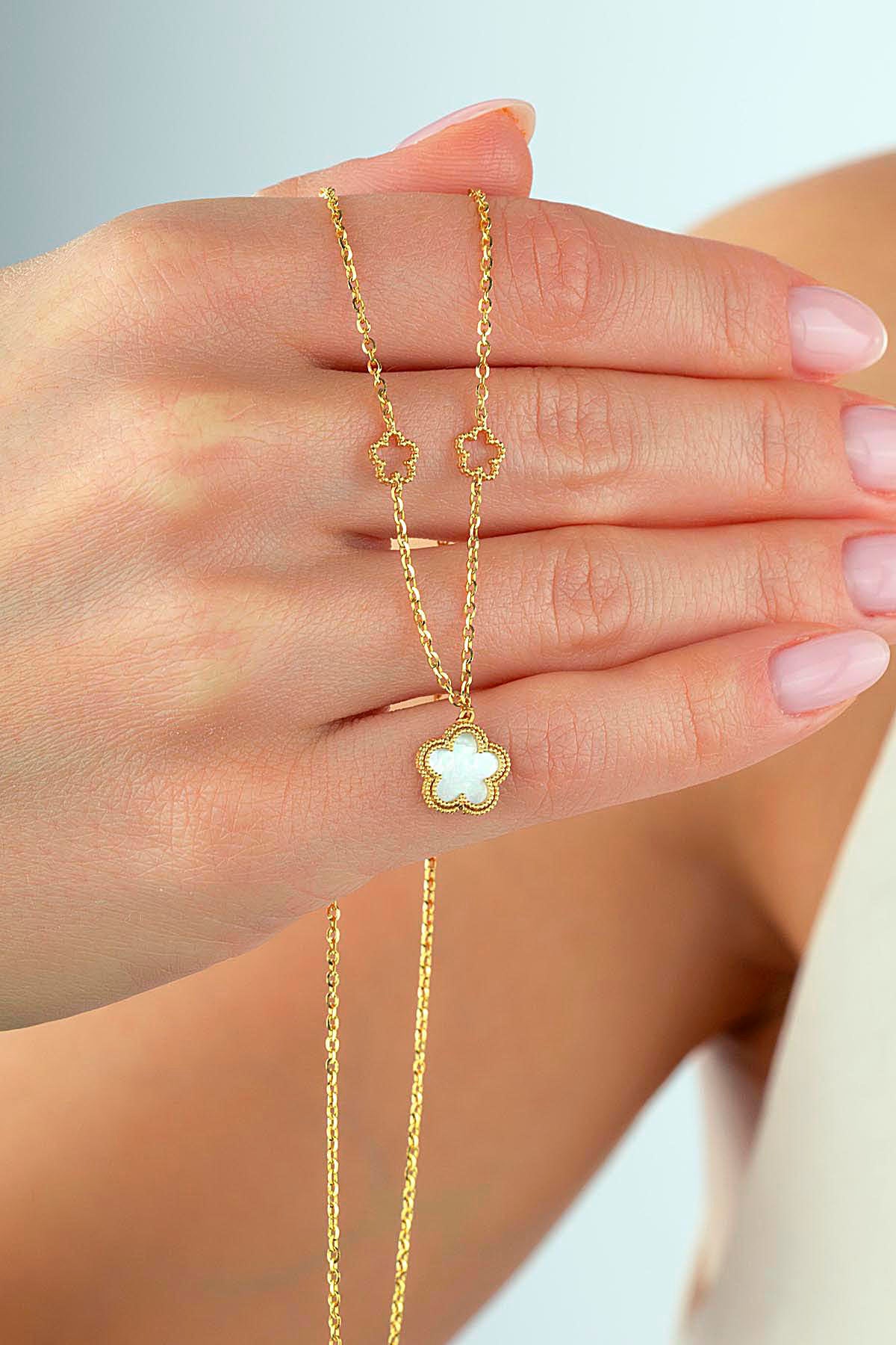 Çift Taraflı Yeşil Beyaz Sedefli Çiçek Altın Kolye