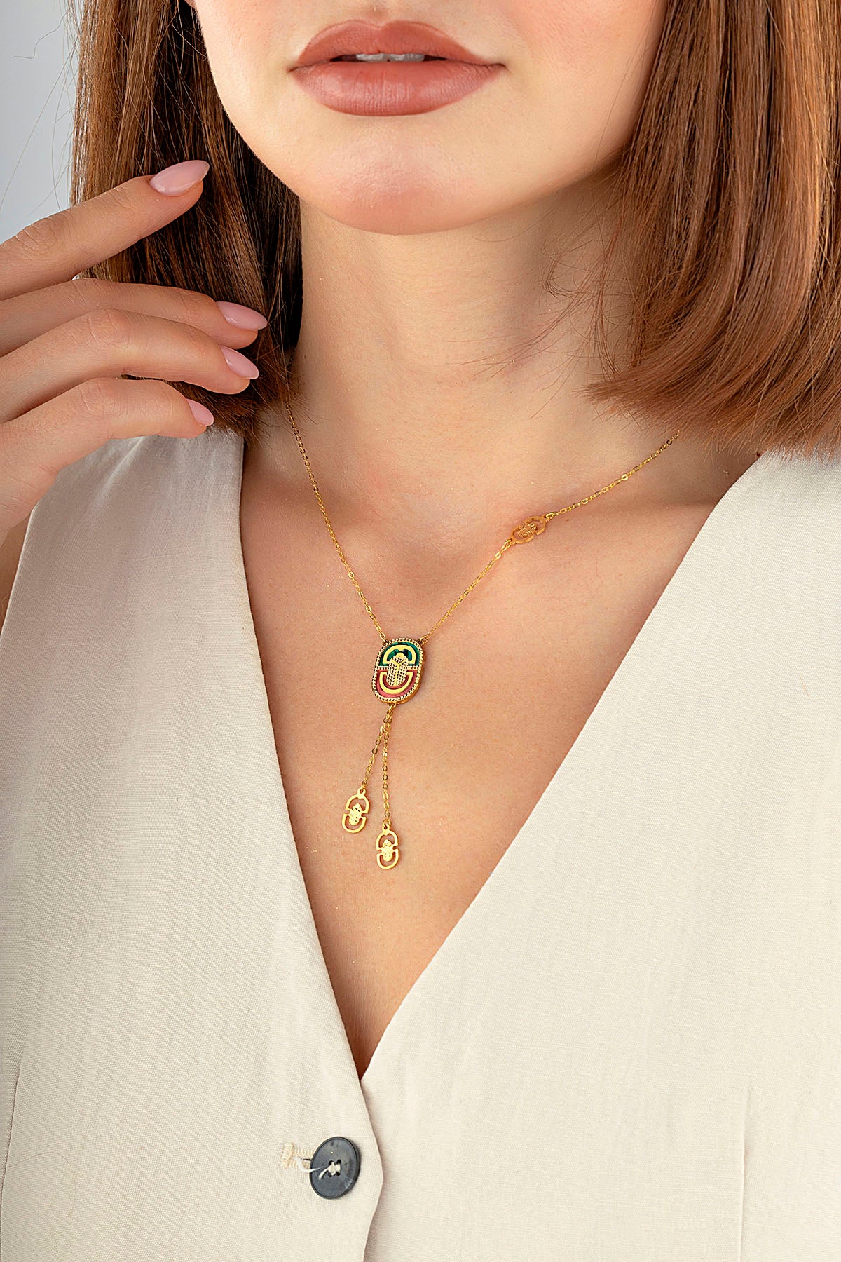 İtalyan Tasarım Taşlı Sallantalı Altın Kolye