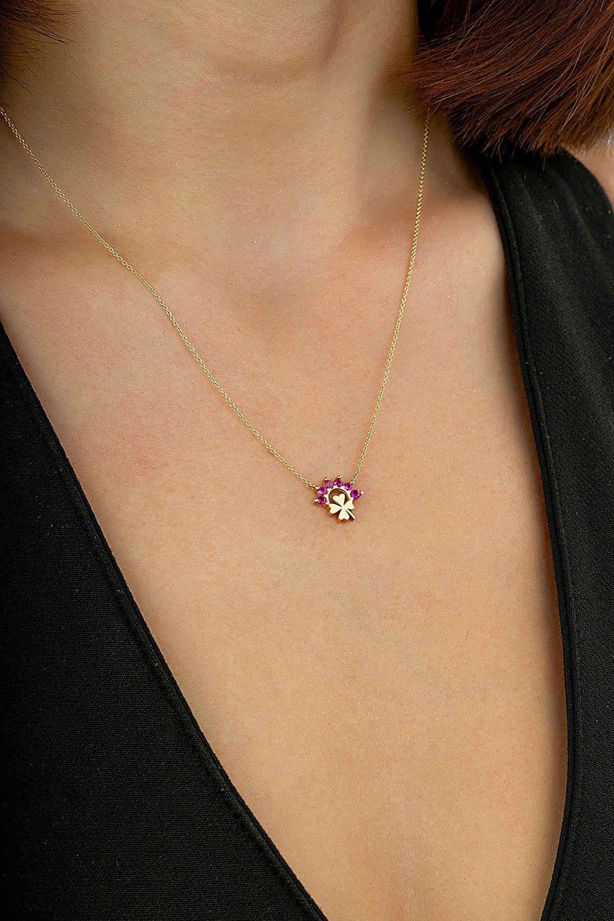 14 Ayar Taşlı 4 Yapraklı Yonca Altın Kolye