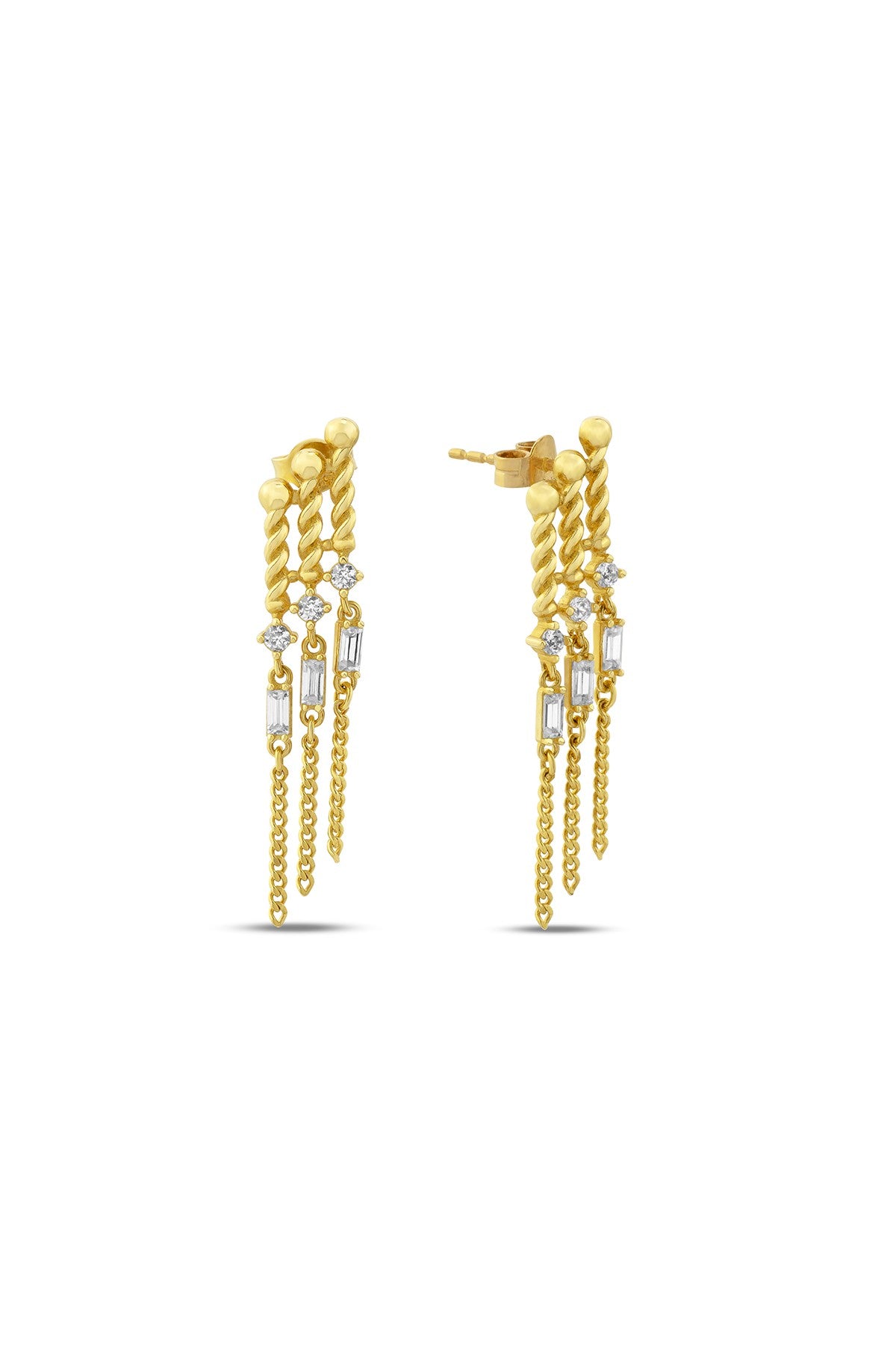 Üçlü Sallanan Taşlı Altın Küpe