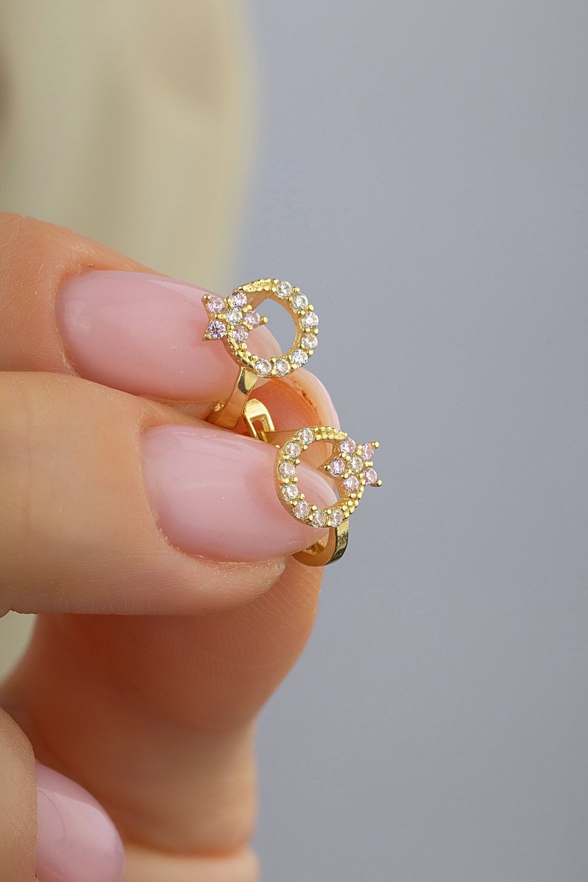 Ay Yıldız Taşlı Altın Küpe