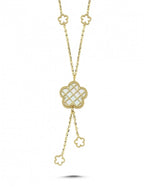 Çift Taraflı Yeşil Beyaz Çiçek Sallantılı Altın Kolye