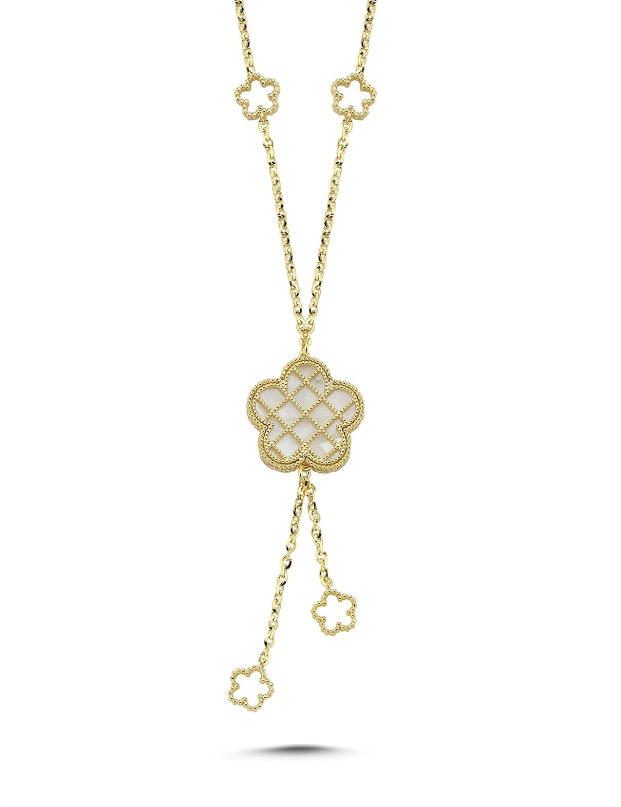 Çift Taraflı Pembe Beyaz Çiçek Sallantılı Altın Kolye