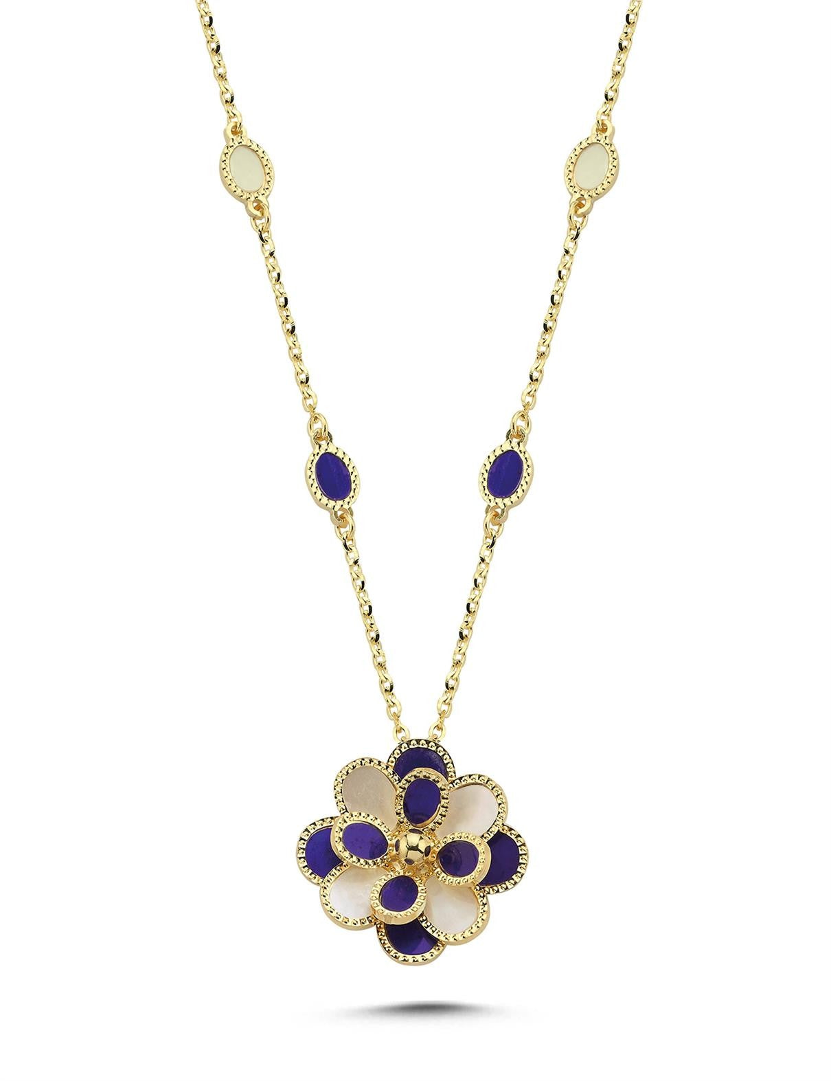 Mavi Beyaz Sedefli Reelist Çiçek İtalyan Altın Kolye