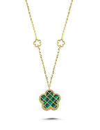 Çift Taraflı Yeşil Beyaz Sedefli Kafesli Çiçek Altın Kolye