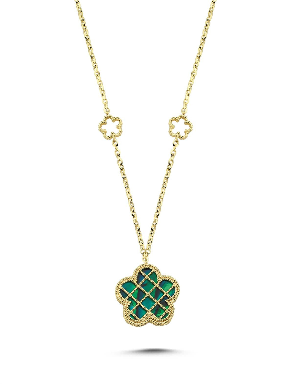 Çift Taraflı Yeşil Beyaz Sedefli Kafesli Çiçek Altın Kolye