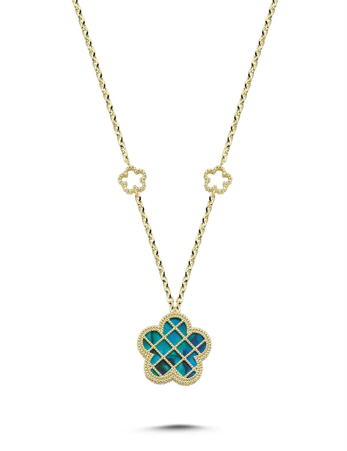 Çift Taraflı Mavi Beyaz Sedefli Kafesli Çiçek Altın Kolye Ürün ikincil görseli