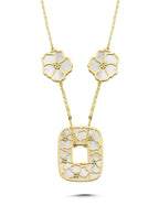 Çift Taraflı Beyaz Pembe Çiçekli Geometrik Altın Kolye