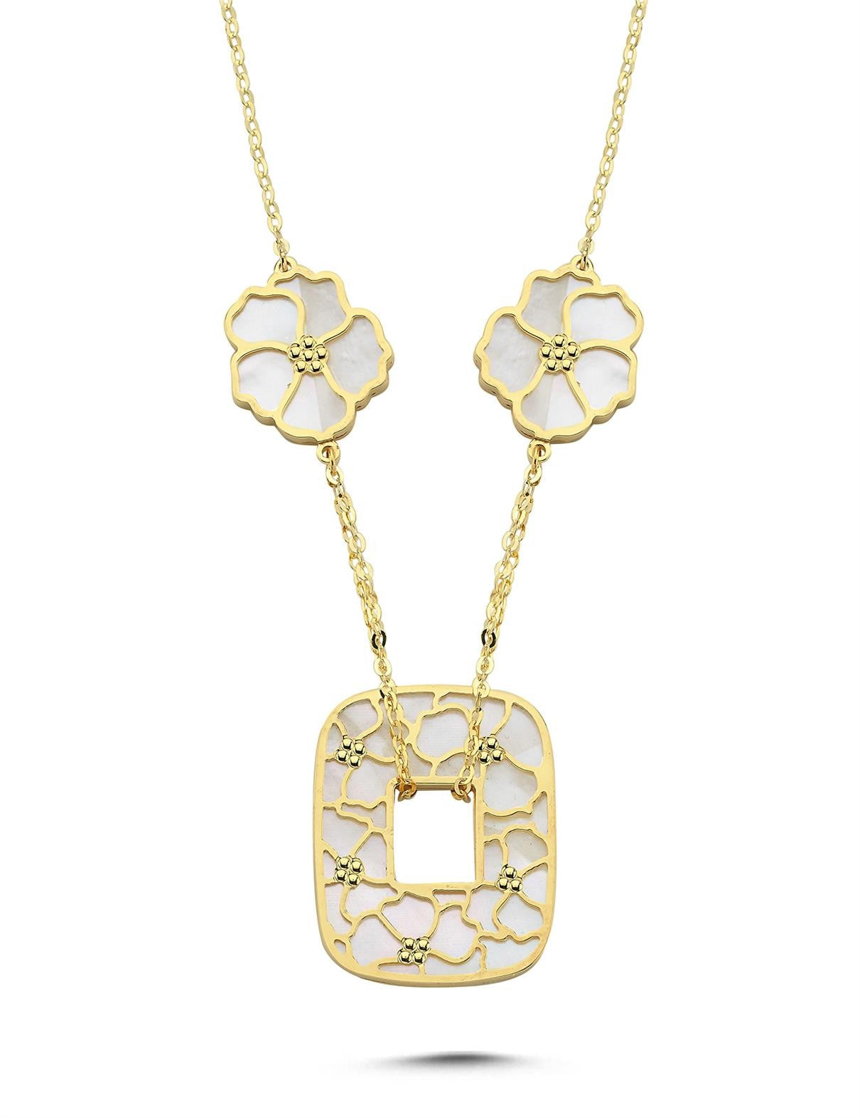 Çift Taraflı Beyaz Pembe Çiçekli Geometrik Altın Kolye