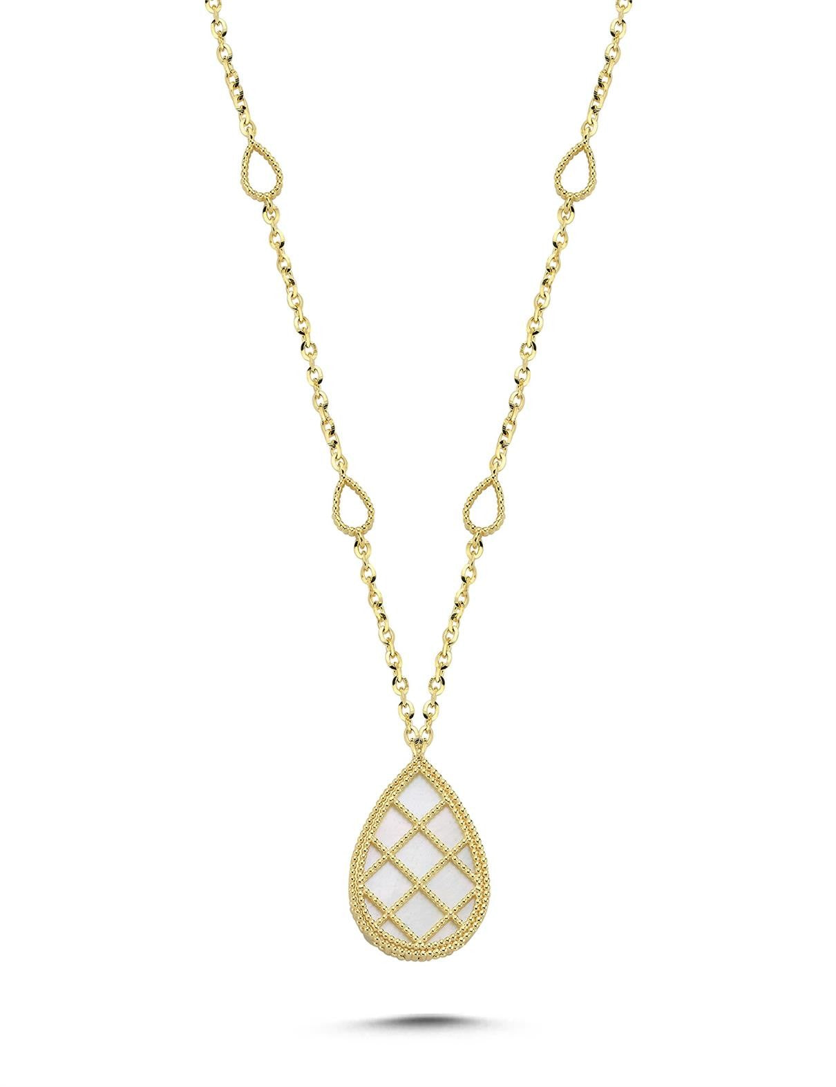 Çift Taraflı Mavi Beyaz Damla Kafesli Altın Kolye