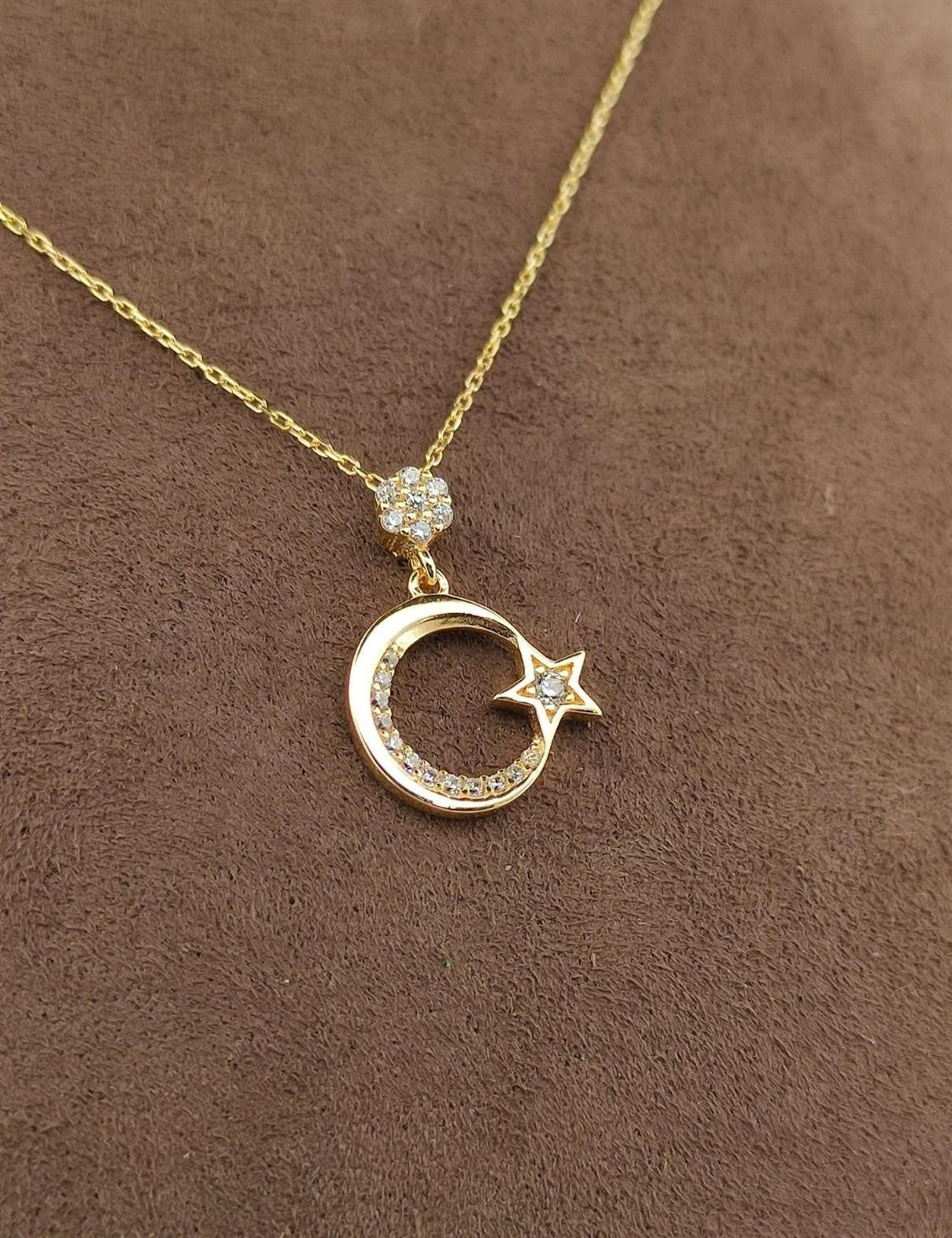 8 Ayar Taşlı Ay Yıldız Altın Kolye