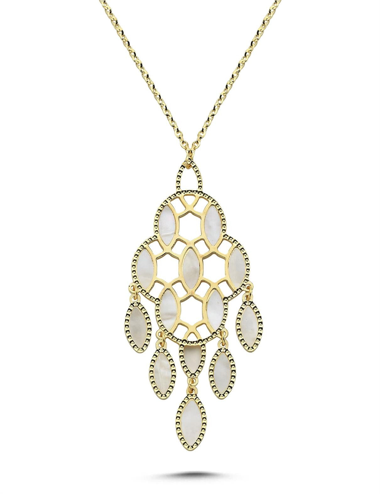 Çift Taraflı Pembe Beyaz Sedefli Tasarım İtalya Altın Kolye