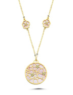 Çift Taraflı Pembe Beyaz Sedefli Çiçekli Modern Altın Kolye