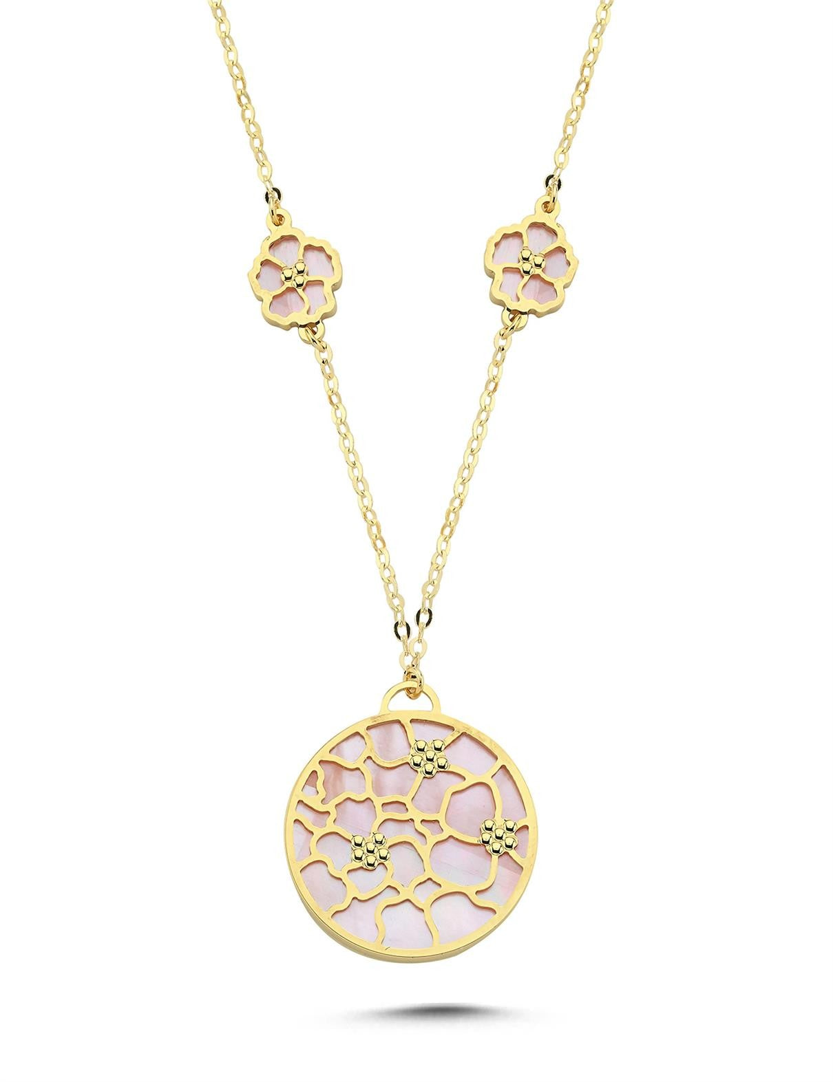 Çift Taraflı Pembe Beyaz Sedefli Çiçekli Modern Altın Kolye