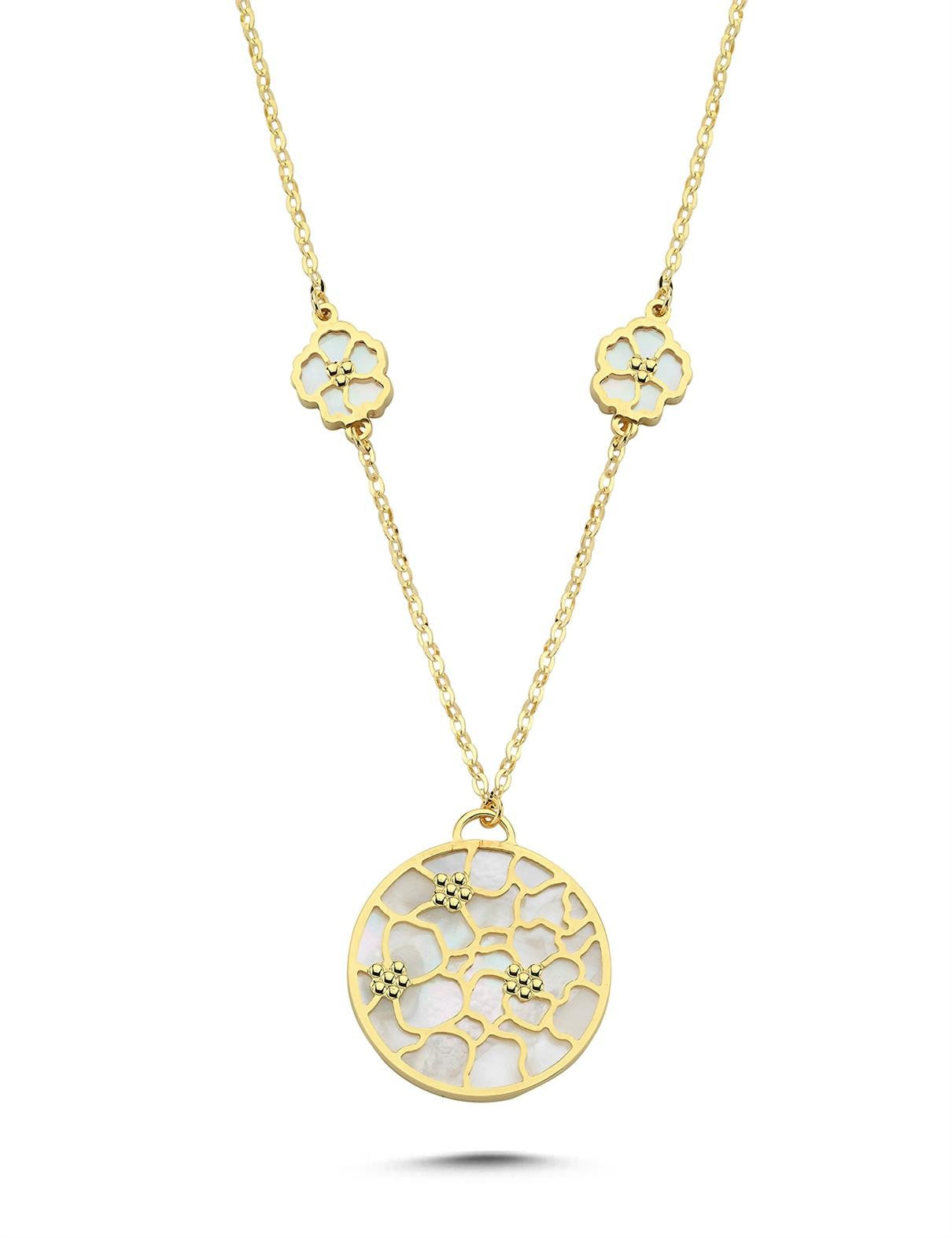 Çift Taraflı Pembe Beyaz Sedefli Çiçekli Modern Altın Kolye