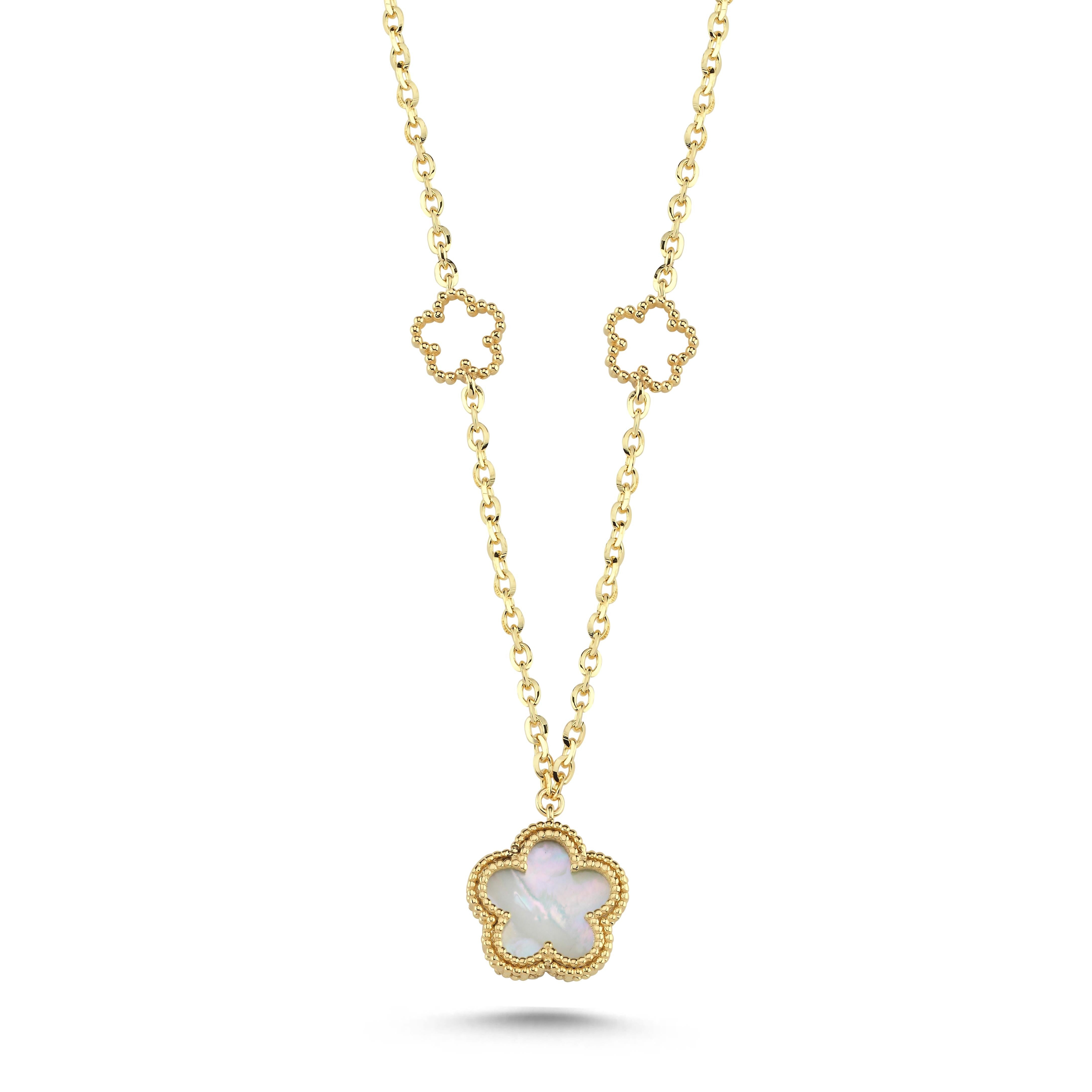 Çift Taraflı Siyah Beyaz Sedefli Çiçek Altın Kolye Ürün ana görseli