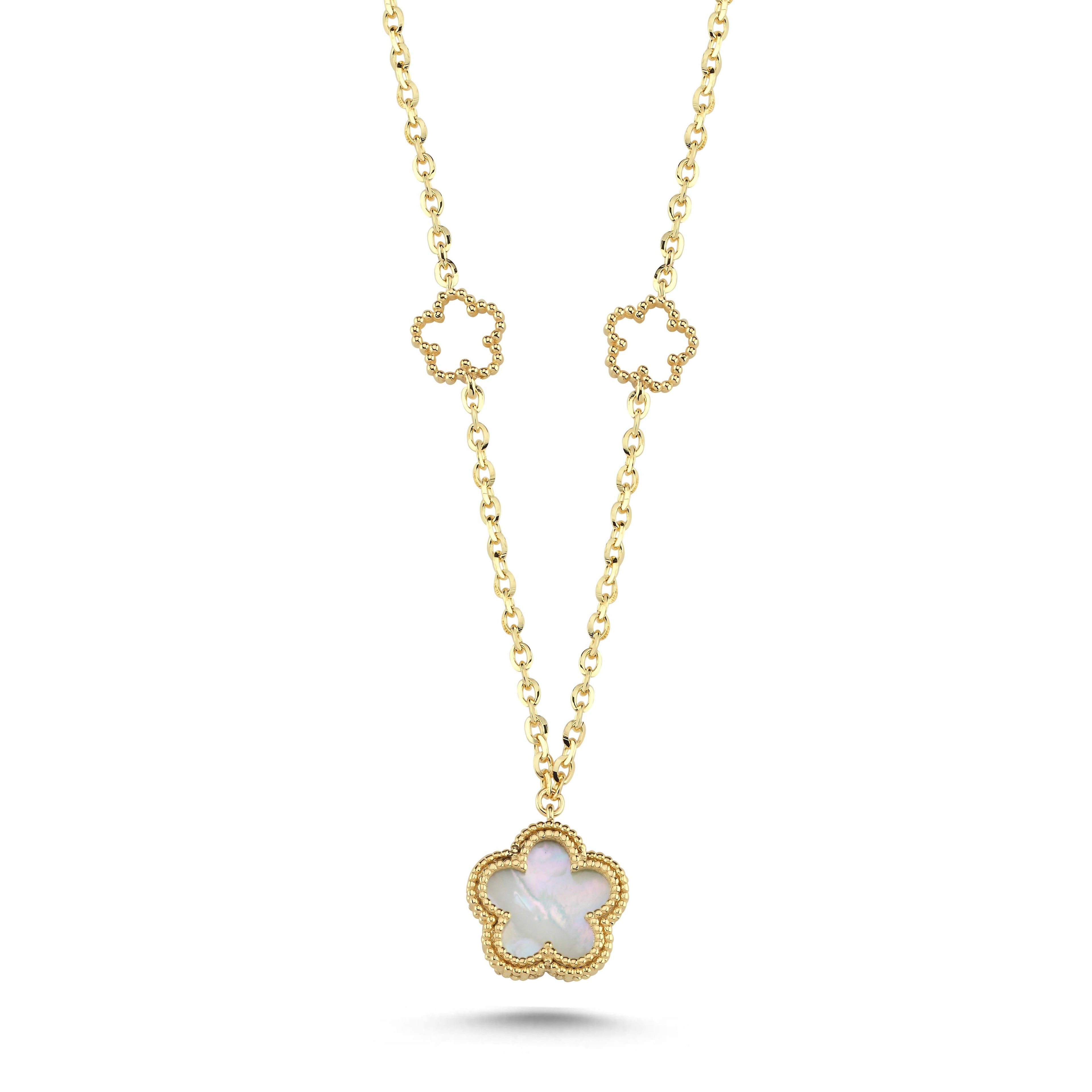 Çift Taraflı Siyah Beyaz Sedefli Çiçek Altın Kolye