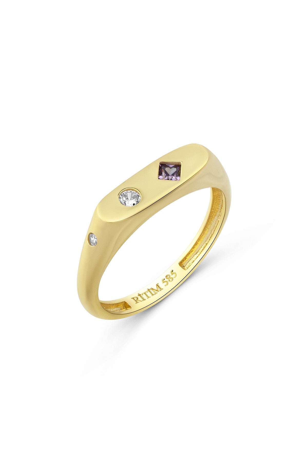 Dörtgen Mor Taşlı Serçe Parmak Altın Yüzük Ürün ana görseli