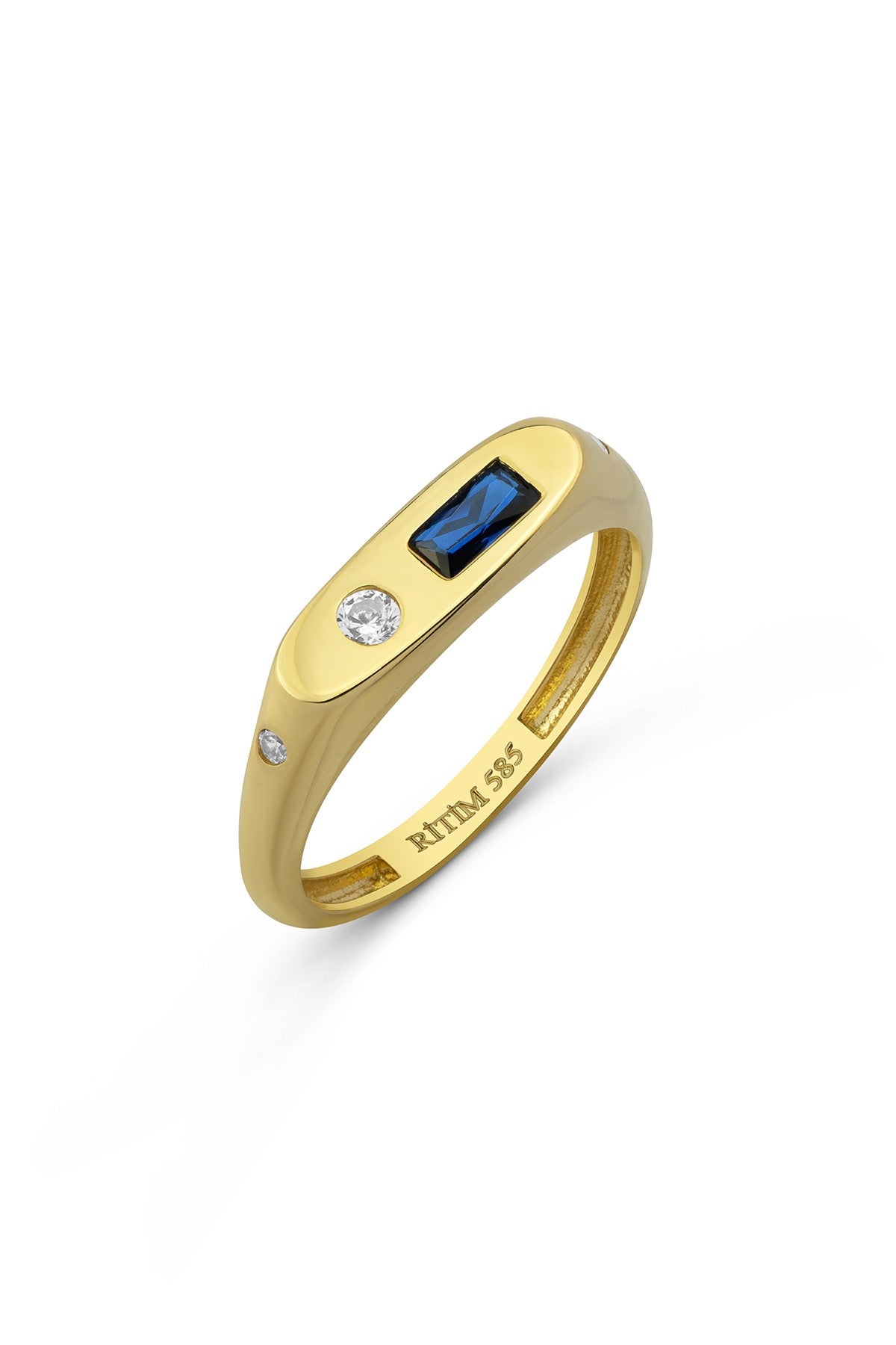 Dikdörtgen Mavi Taşlı Serçe Parmak Altın Yüzük