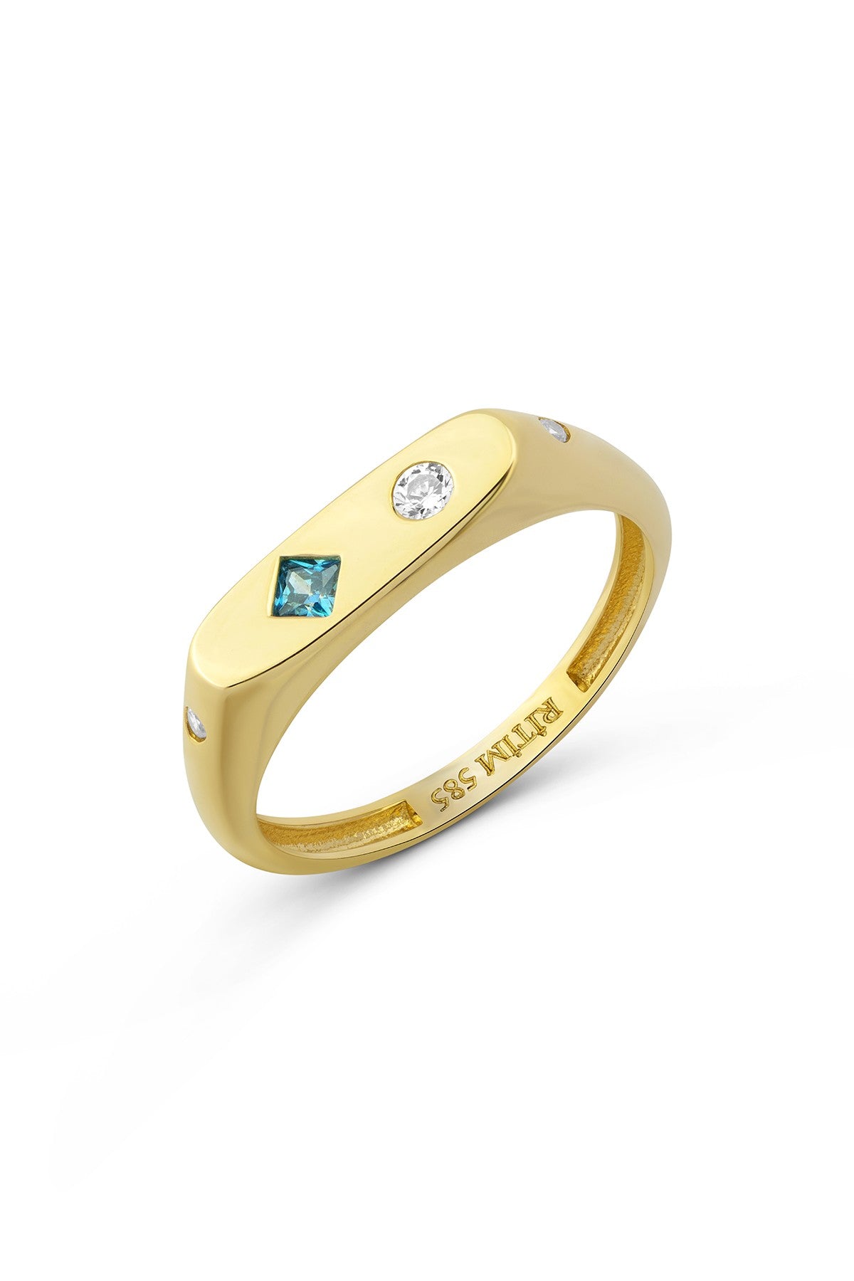 Dörtgen Turkuaz Taşlı Serçe Parmak Altın Yüzük