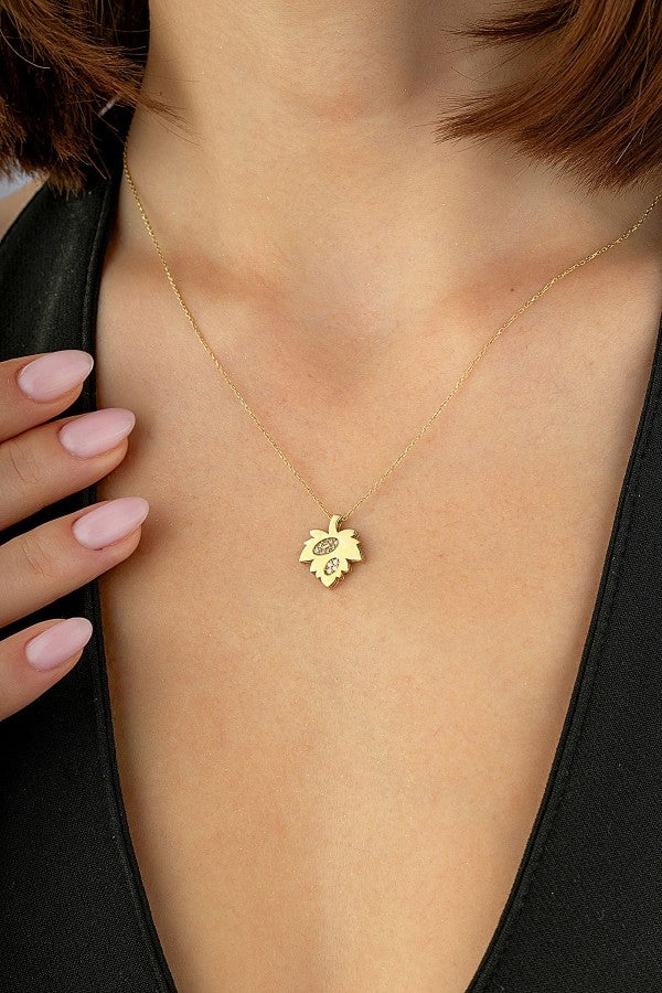 14 Ayar Zirkon Taşlı Yaprak Altın Kolye