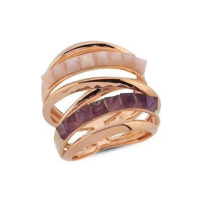 Mor ve Pembe Taşlı Rose Altın Yüzük