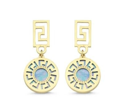 Turkuaz Sedefli Modern Geo Altın Küpe