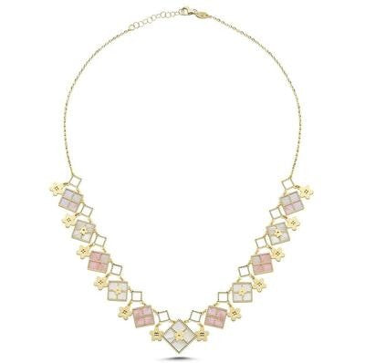 Beyaz Pembe Sedefli Dörtgen Şekilli İtalyan Altın Kolye