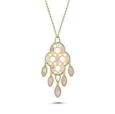 Çift Taraflı Pembe Beyaz Sedefli Tasarım İtalya Altın Kolye