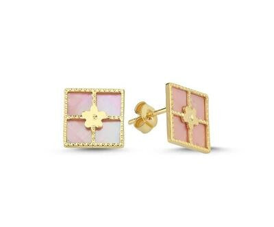 Pembe Sedefli Kare Altın Küpe