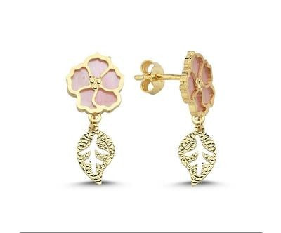 Pembe Sedefli Çiçek Sallanan Yaprak Altın Küpe