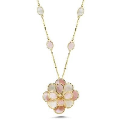 Pembe Beyaz Sedefli Modern Çiçek Altın Kolye