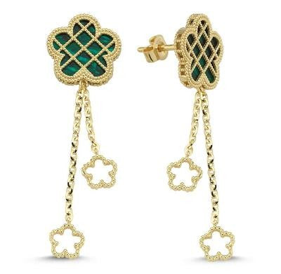 Yeşil Sedef Kafesli Çiçek Altın Küpe