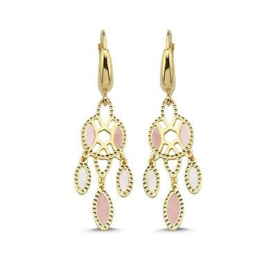 Beyaz ve Pembe Sedefli Sallanan Altın Küpe