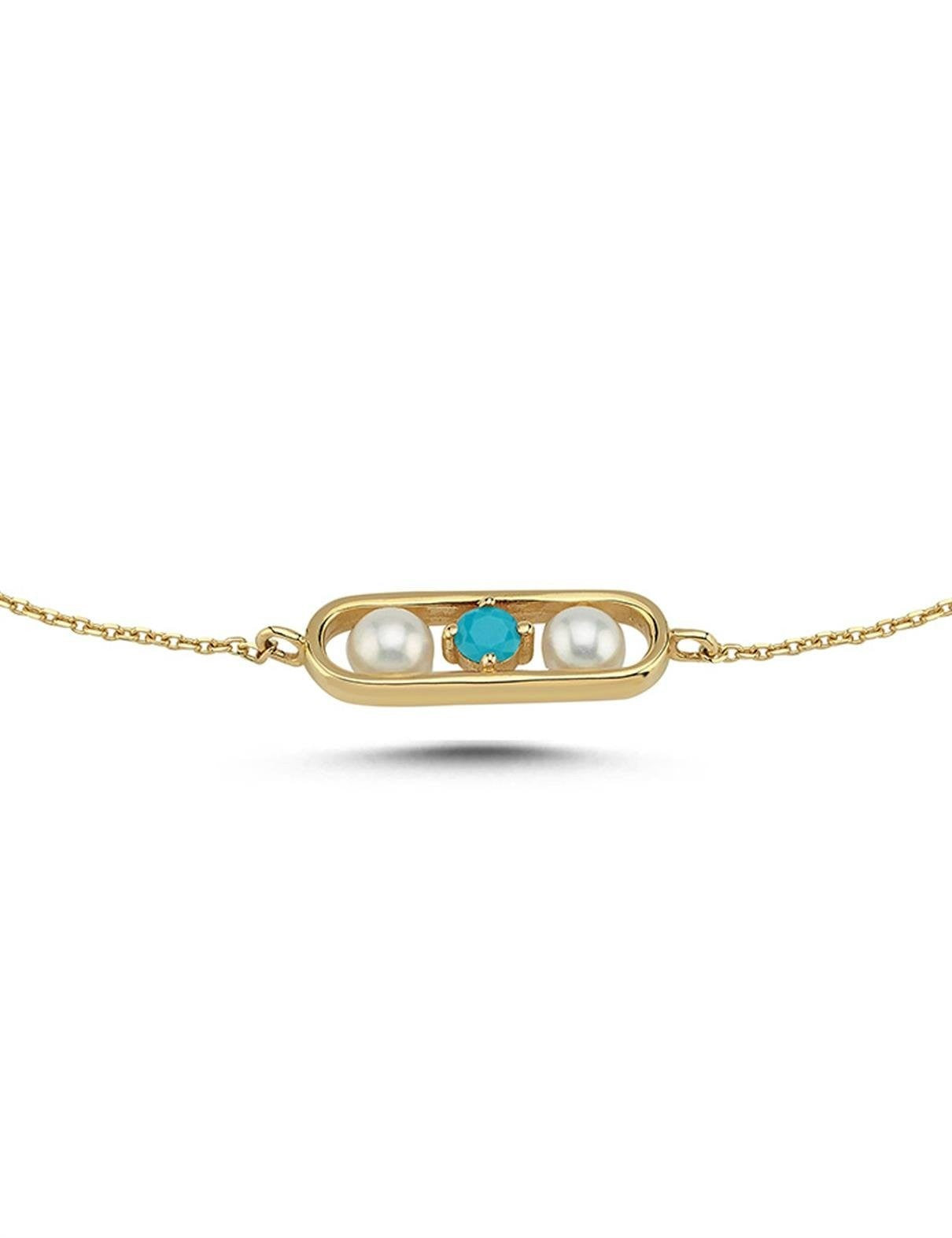 Turkuaz Renkli Taşlı İncili Kapsül Bileklik