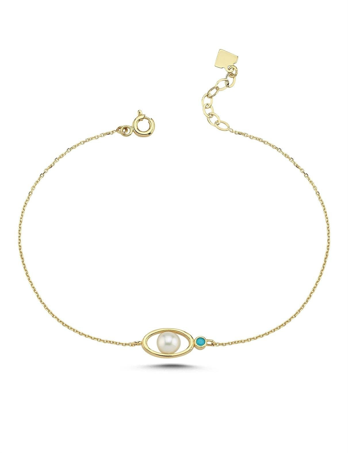 Turkuaz Renkli Taşlı İncili Bileklik