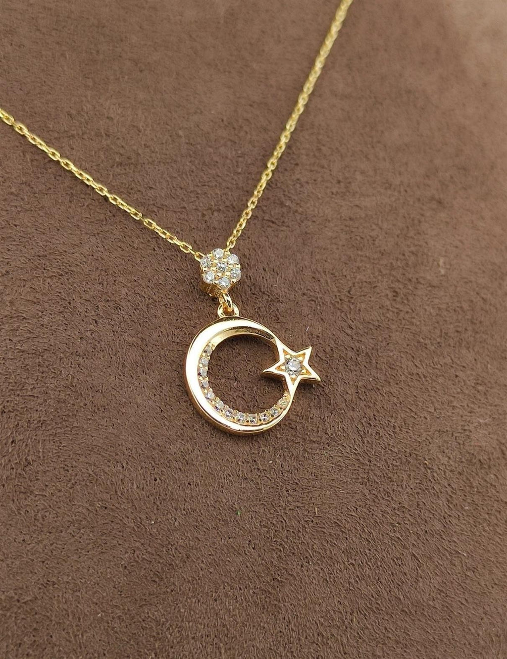 Taşlı Ay Yıldız Altın Kolye