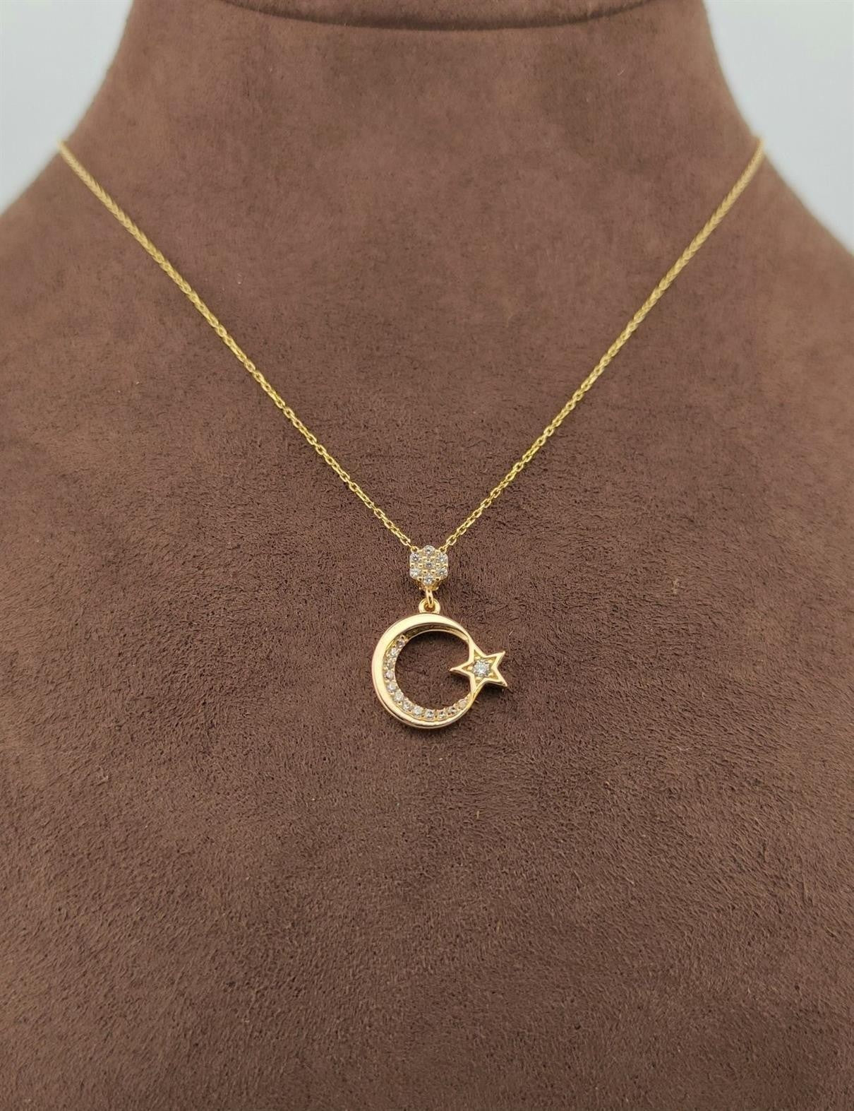 Taşlı Ay Yıldız Altın Kolye