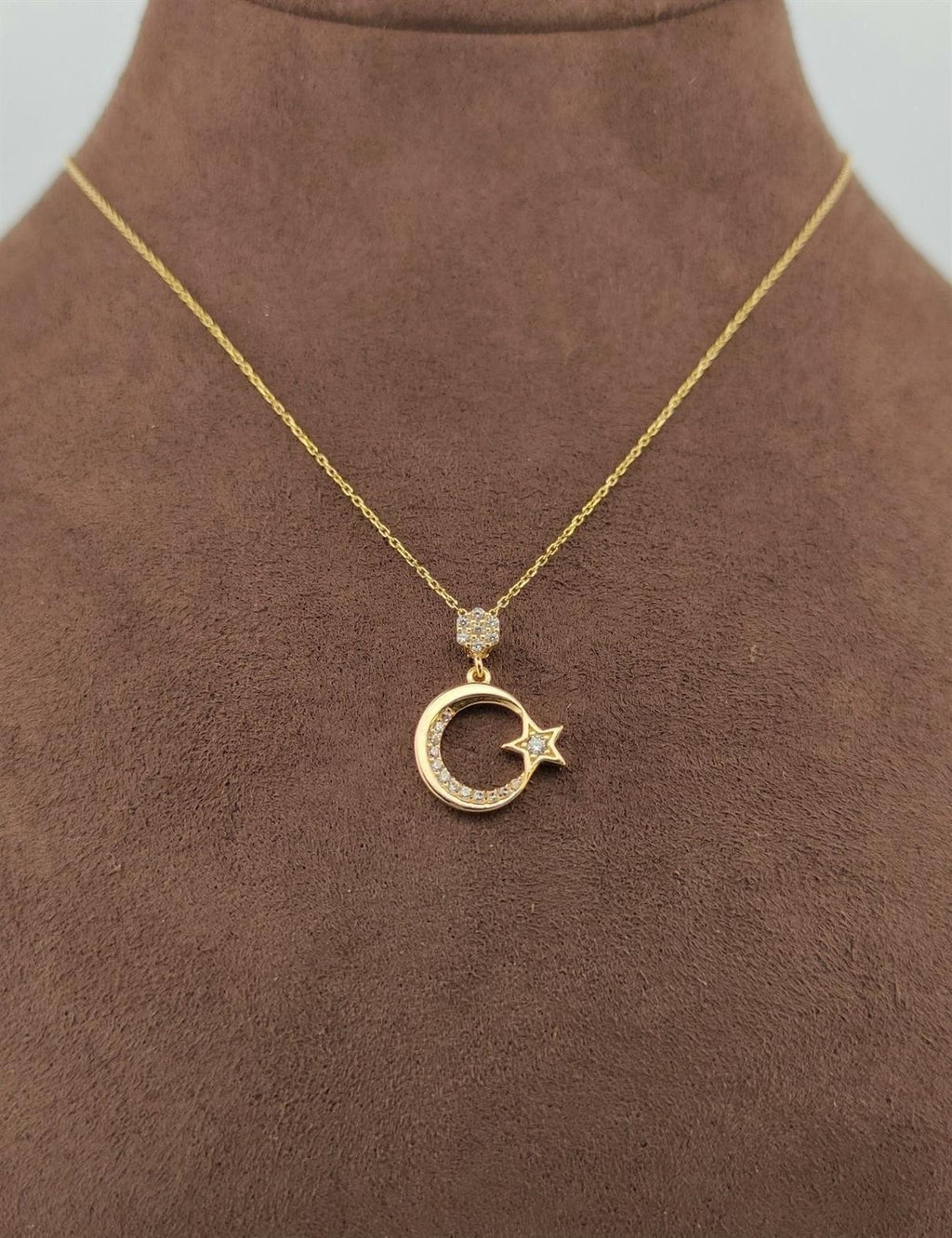 Taşlı Ay Yıldız Altın Kolye